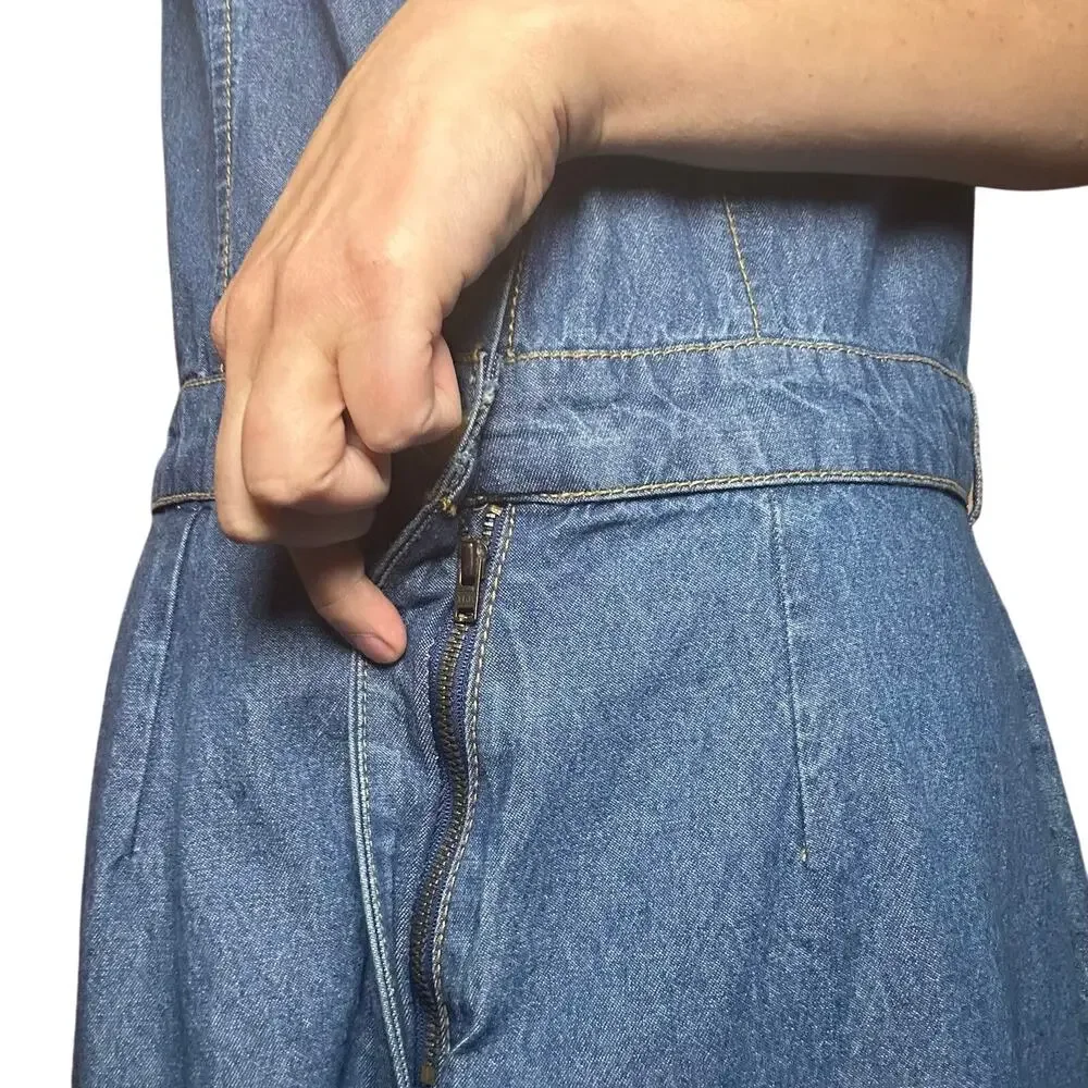 Sincerely Jules Denim Jumpsuit Blue L Wide Leg Button Front Y2K - Picture 7 of 16